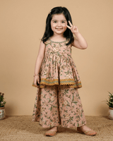 Girls Peach Cotton Sharara Set with Printed Peplum Top| Premium Cotton Ethnic Wear - BYB PREMIUM