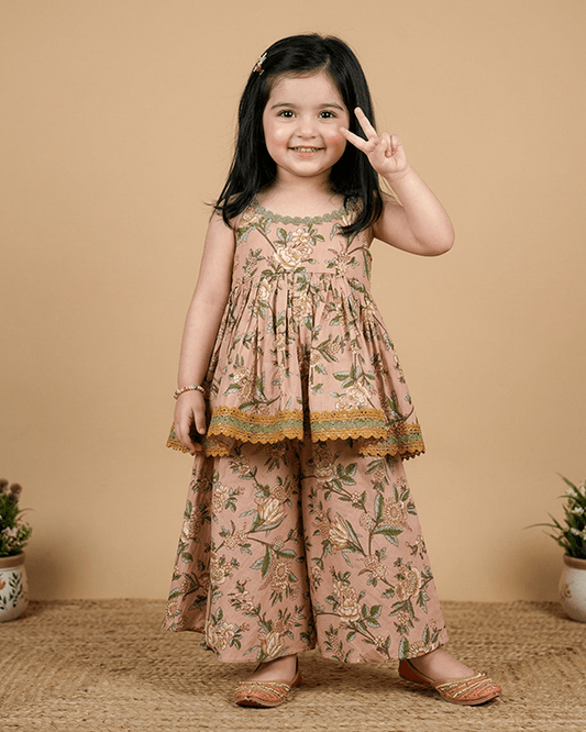 Girls Peach Cotton Sharara Set with Printed Peplum Top| Premium Cotton Ethnic Wear - BYB PREMIUM