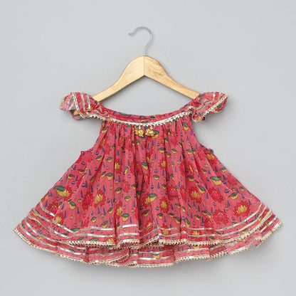 Girls Pink Floral Off - Shoulder Dhoti Set - BYB PREMIUM