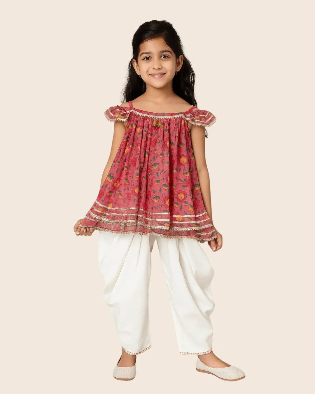 Girls pink floral off   shoulder dhoti set   byb premium
