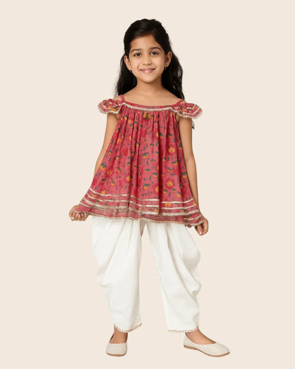 Girls Pink Floral Off - Shoulder Dhoti Set - BYB PREMIUM