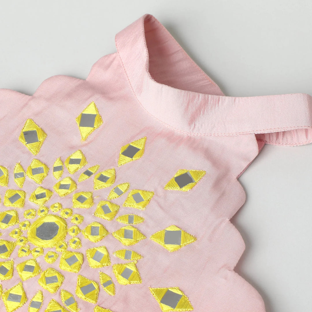 Girls Pink Mirror‑Work Lehenga Set with Halter Top and Dupatta - BYB PREMIUM