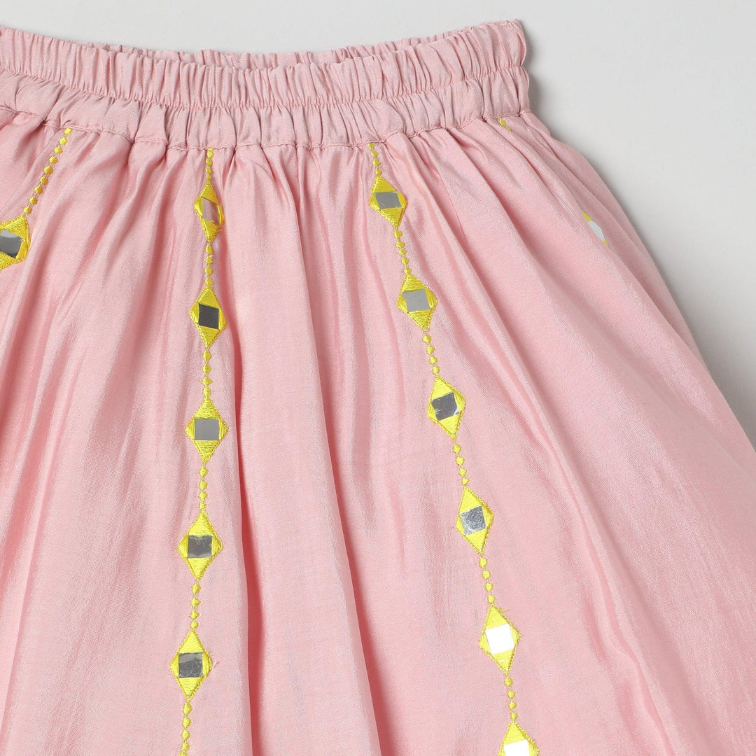 Girls Pink Mirror‑Work Lehenga Set with Halter Top and Dupatta - BYB PREMIUM