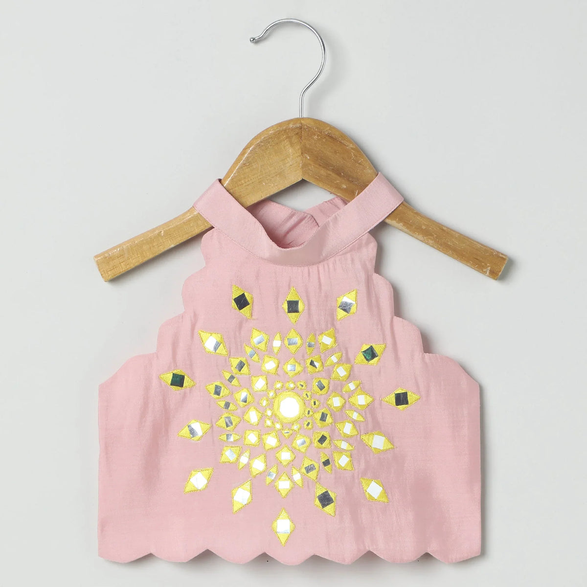 Girls pink mirror‑work lehenga set with halter top and dupatta   byb premium