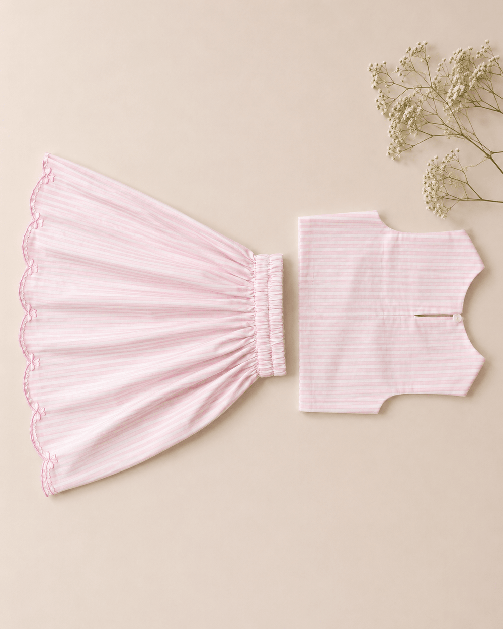 Girls Pure Cotton Pink Striped Co-Ord Set with Scalloped Embroidery - BYB PREMIUM