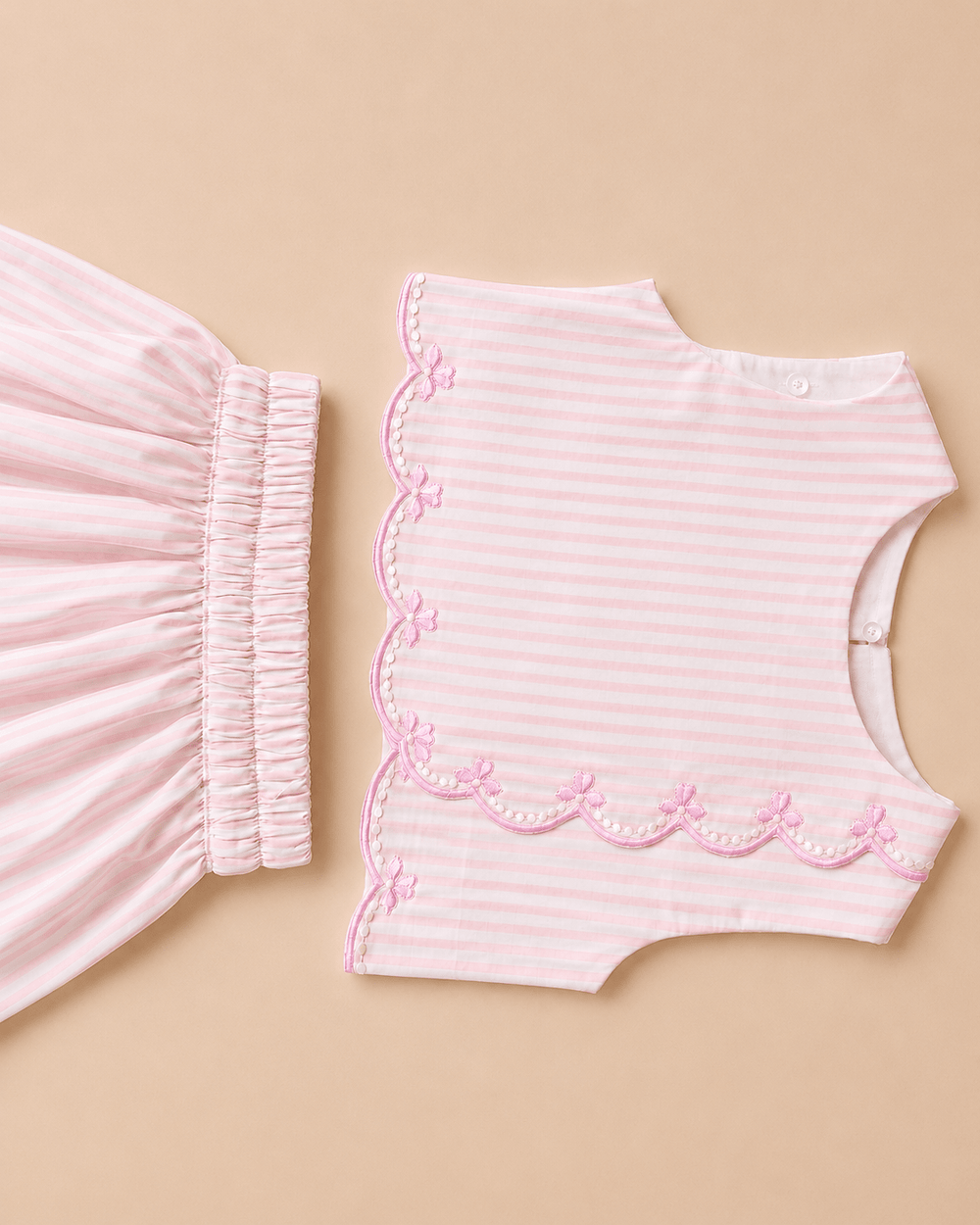 Girls Pure Cotton Pink Striped Co-Ord Set with Scalloped Embroidery - BYB PREMIUM