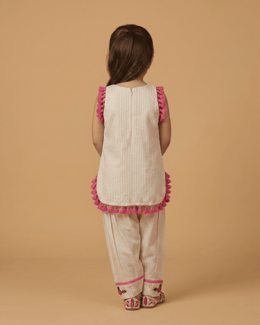 Girls Pure Cotton Tassel Kurta Set with Floral Embroidery - BYB PREMIUM