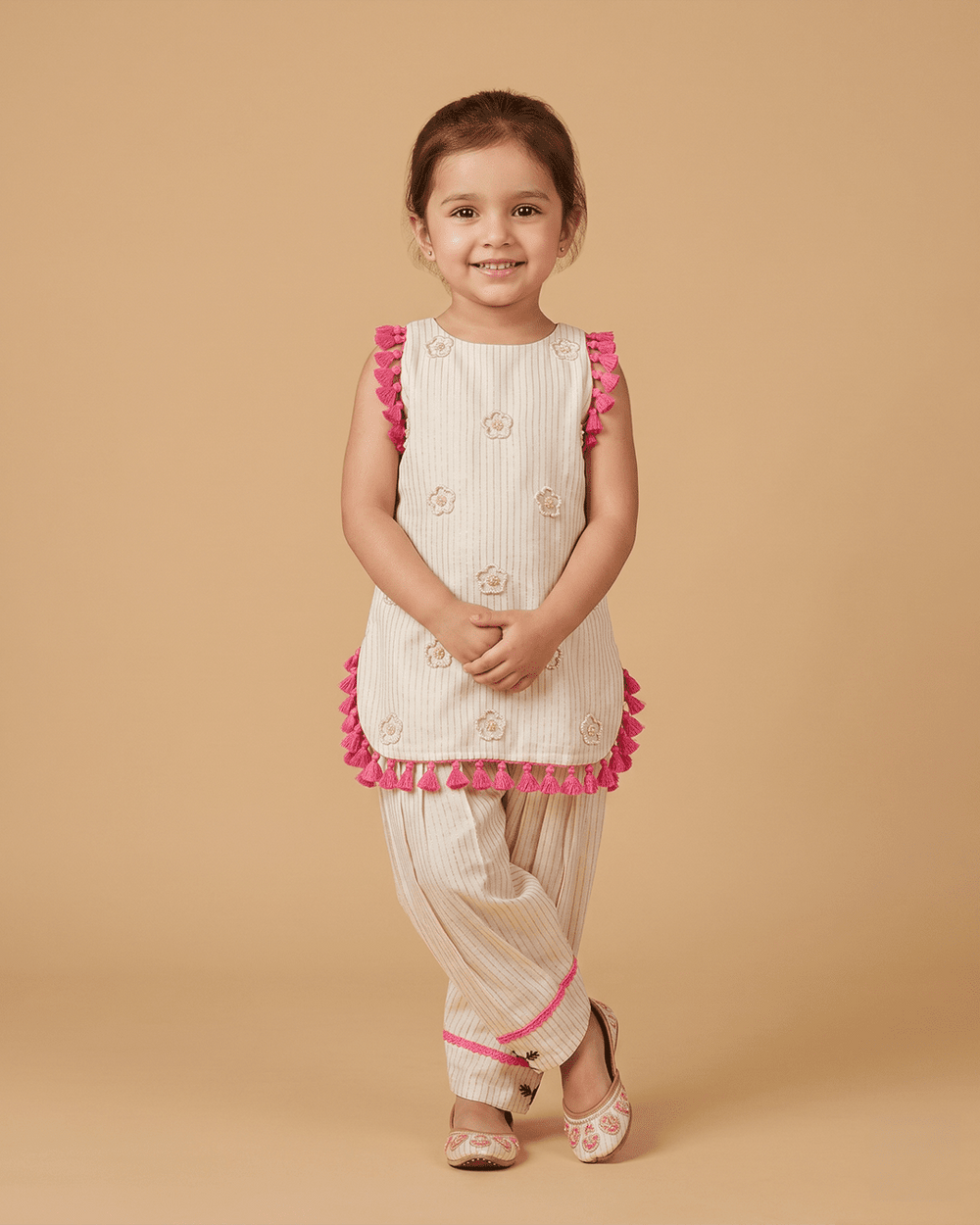 Girls Pure Cotton Tassel Kurta Set with Floral Embroidery - BYB PREMIUM