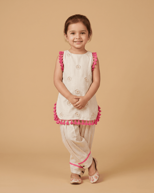 Girls Pure Cotton Tassel Kurta Set with Floral Embroidery - BYB PREMIUM