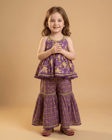 Girls Purple Cotton Sharara Set with Printed Peplum Top| Premium Cotton Ethnic Wear - BYB PREMIUM