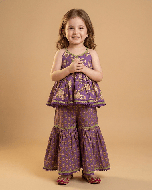 Girls Purple Cotton Sharara Set with Printed Peplum Top| Premium Cotton Ethnic Wear - BYB PREMIUM