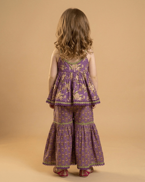 Girls Purple Cotton Sharara Set with Printed Peplum Top| Premium Cotton Ethnic Wear - BYB PREMIUM