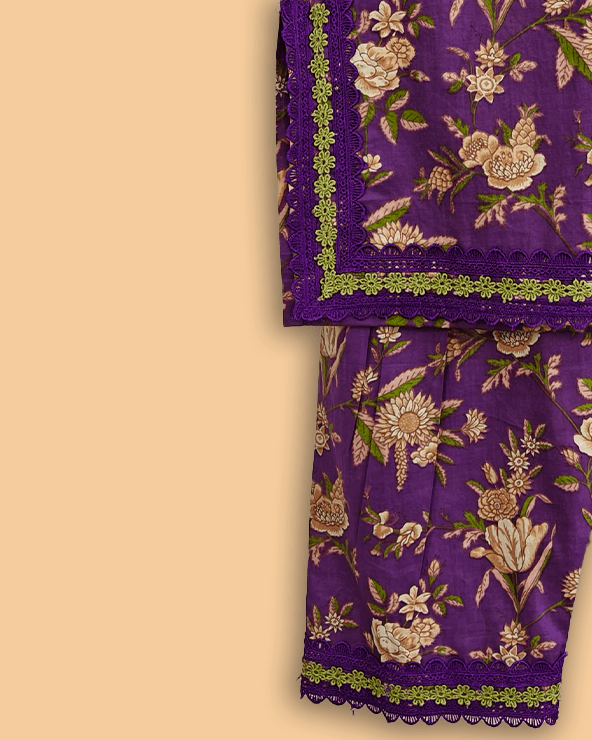 Girls Purple Pure Cotton Kurta Pant Set with Floral Print | Premium Cotton Ethnic Wear - BYB PREMIUM
