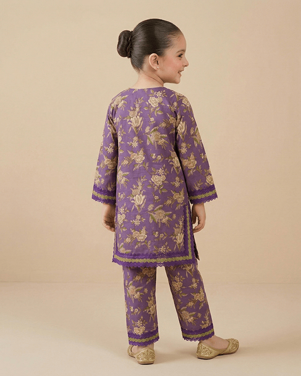Girls Purple Pure Cotton Kurta Pant Set with Floral Print | Premium Cotton Ethnic Wear - BYB PREMIUM