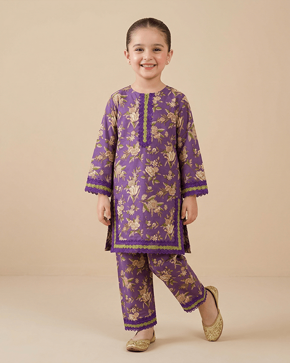 Girls Purple Pure Cotton Kurta Pant Set with Floral Print | Premium Cotton Ethnic Wear - BYB PREMIUM