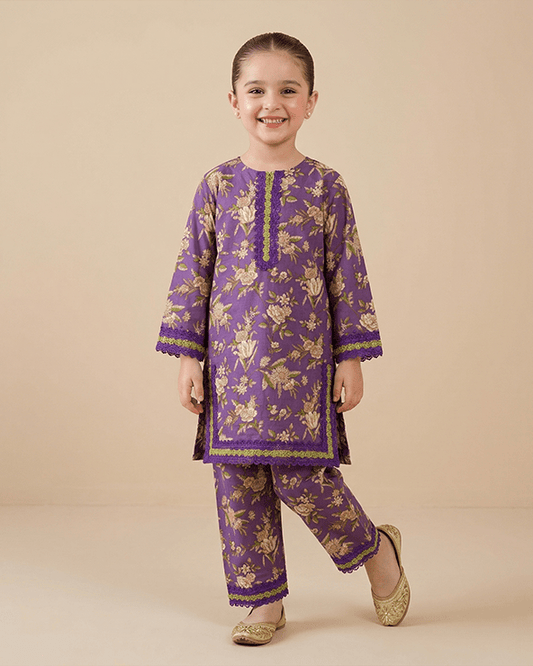 Girls Purple Pure Cotton Kurta Pant Set with Floral Print | Premium Cotton Ethnic Wear - BYB PREMIUM