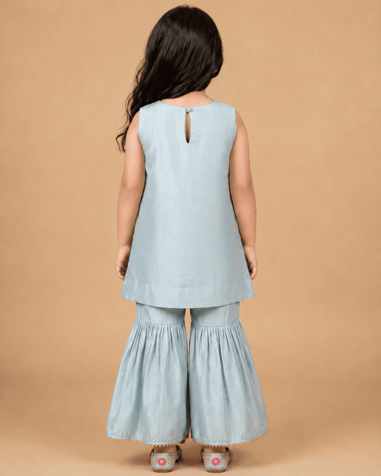 Girls Sky Blue Chanderi Kurta Set with Floral Embroidery & Sharara - BYB PREMIUM