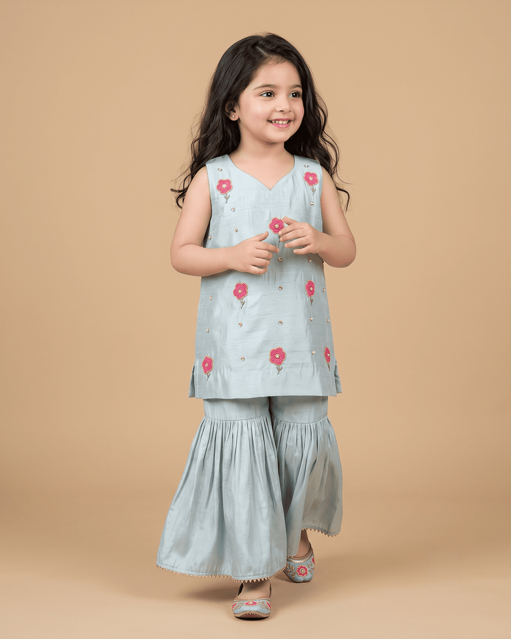 Girls Sky Blue Chanderi Kurta Set with Floral Embroidery & Sharara - BYB PREMIUM
