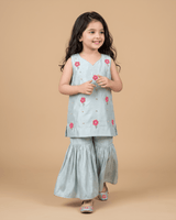 Girls Sky Blue Chanderi Kurta Set with Floral Embroidery & Sharara - BYB PREMIUM