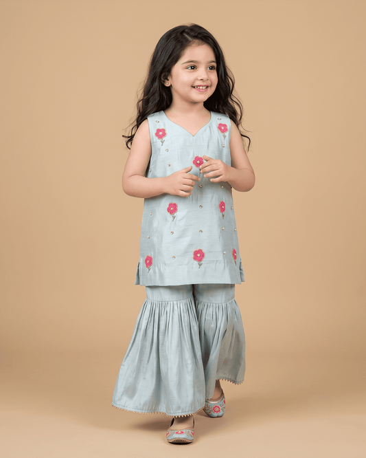 Girls Sky Blue Chanderi Kurta Set with Floral Embroidery & Sharara - BYB PREMIUM