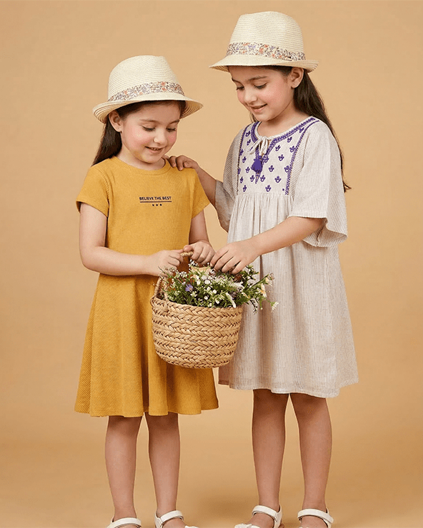 Girls Viscose Moss Dress Combo Set ‚Äì Mustard Solid Dress & Embroidered Beige Dress (Pack of 2) - BYB PREMIUM