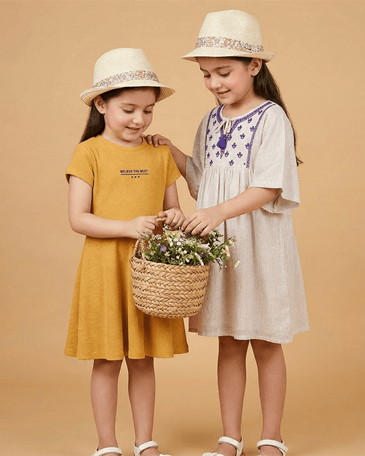 Girls Viscose Moss Dress Combo Set ‚Äì Mustard Solid Dress & Embroidered Beige Dress (Pack of 2) - BYB PREMIUM