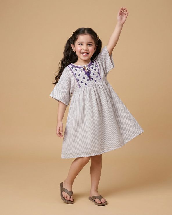 Girls viscose moss dress combo set – mustard solid dress & embroidered beige dress (pack of 2)   byb premium