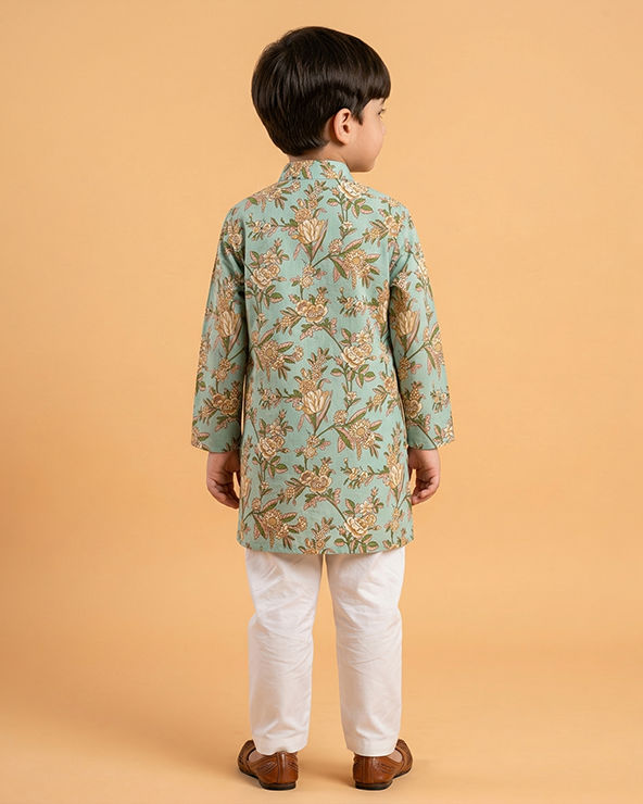 Boys mint green cotton kurta pajama set with floral print | premium cotton ethnic wear