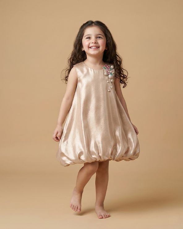 Gold Metallic Girls Party Dress with Floral Embellishment ‚Äì Sleeveless Bubble Dress - BYB PREMIUM