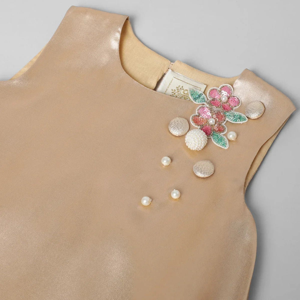 Gold Metallic Girls Party Dress with Floral Embellishment – Sleeveless Bubble Dress - BYB PREMIUM