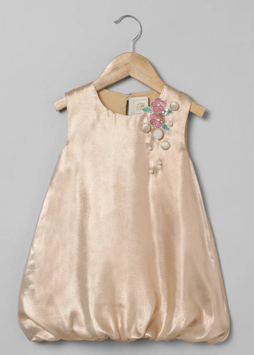 Gold Metallic Girls Party Dress with Floral Embellishment – Sleeveless Bubble Dress - BYB PREMIUM