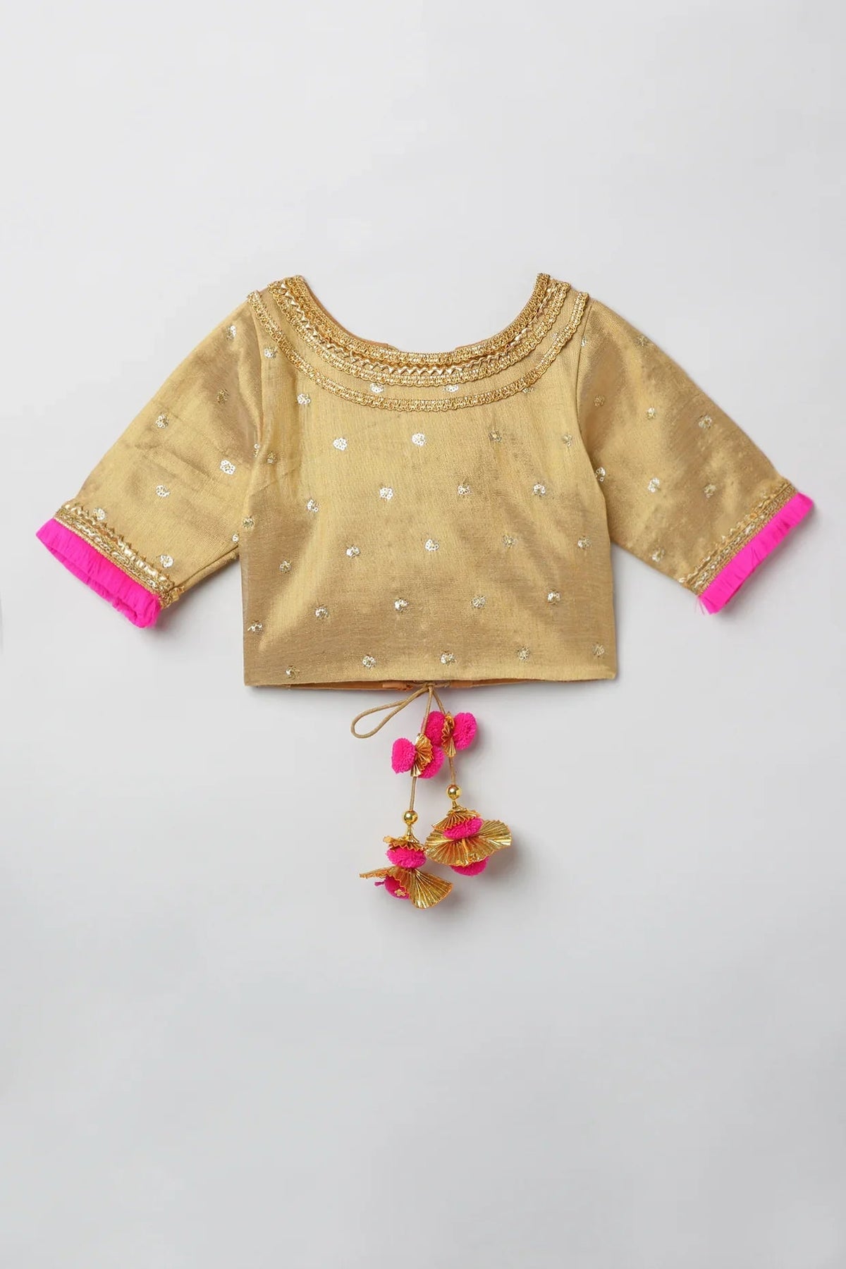 Golden lehenga set with hot pink border   byb premium