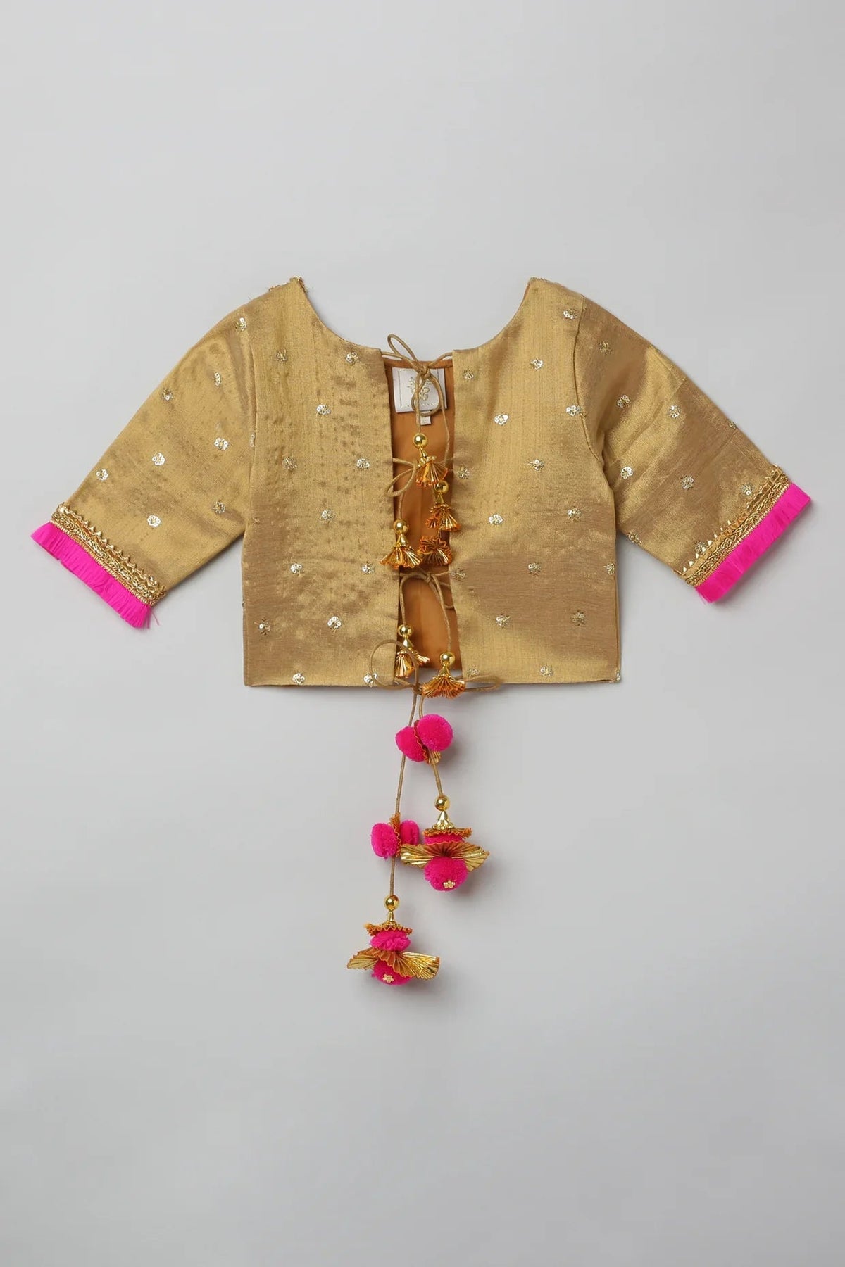 Golden lehenga set with hot pink border   byb premium