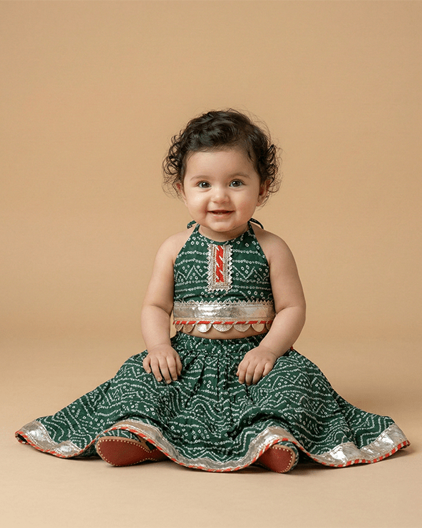 Green Cotton Kota Halter Top & Bandhani Skirt Set for Baby Girls