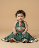 Green Cotton Kota Halter Top & Bandhani Skirt Set for Baby Girls