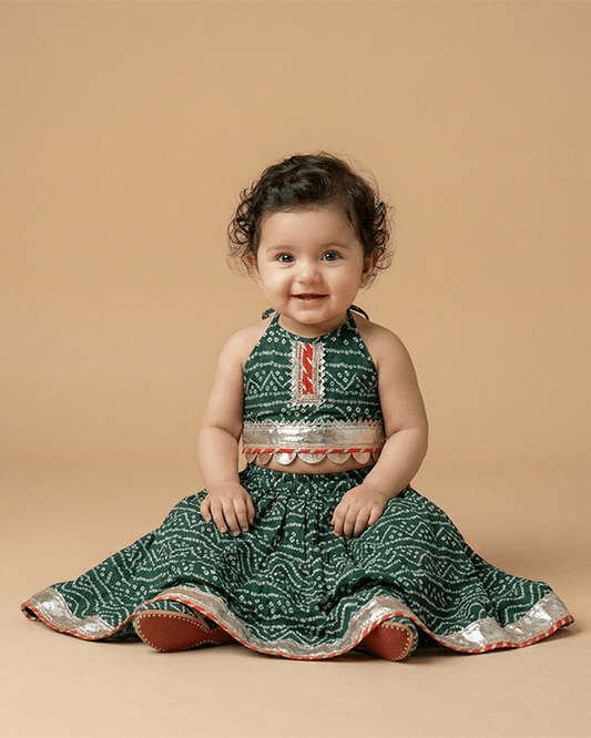 Green Cotton Kota Halter Top & Bandhani Skirt Set for Baby Girls