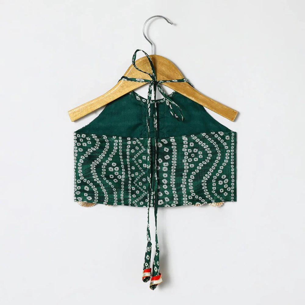 Green Cotton Kota Halter Top & Bandhani Skirt Set for Baby Girls