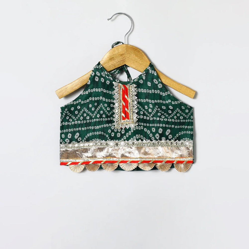 Green Cotton Kota Halter Top & Bandhani Skirt Set for Baby Girls