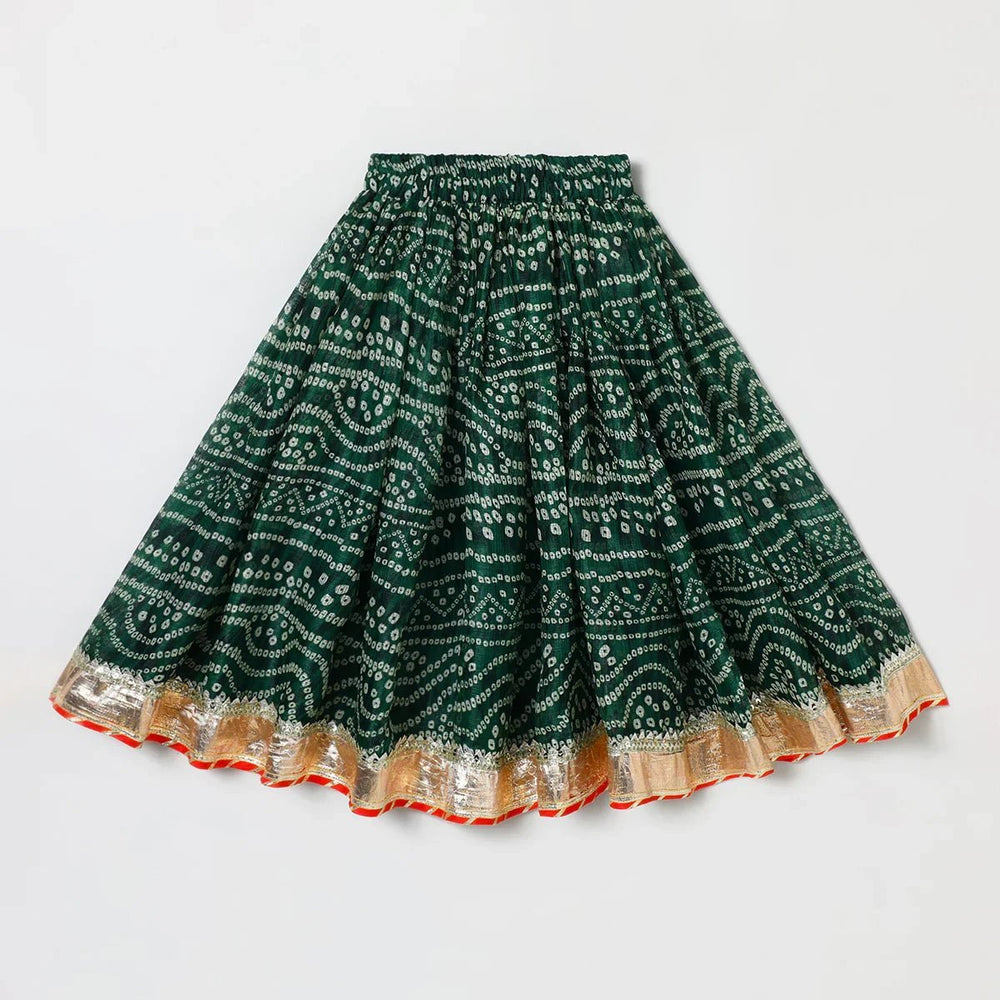 Green Cotton Kota Halter Top & Bandhani Skirt Set for Baby Girls