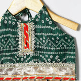 Green Cotton Kota Halter Top & Bandhani Skirt Set for Baby Girls