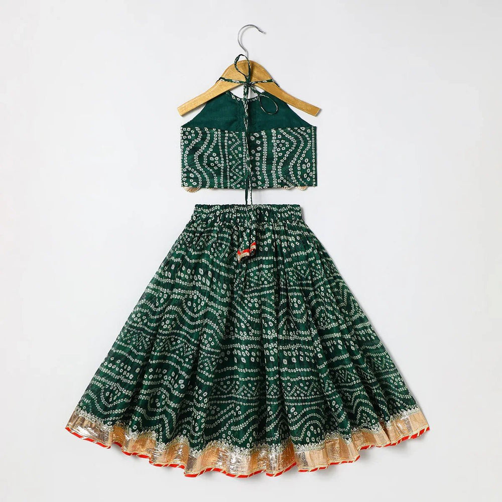 Green Cotton Kota Halter Top & Bandhani Skirt Set for Baby Girls