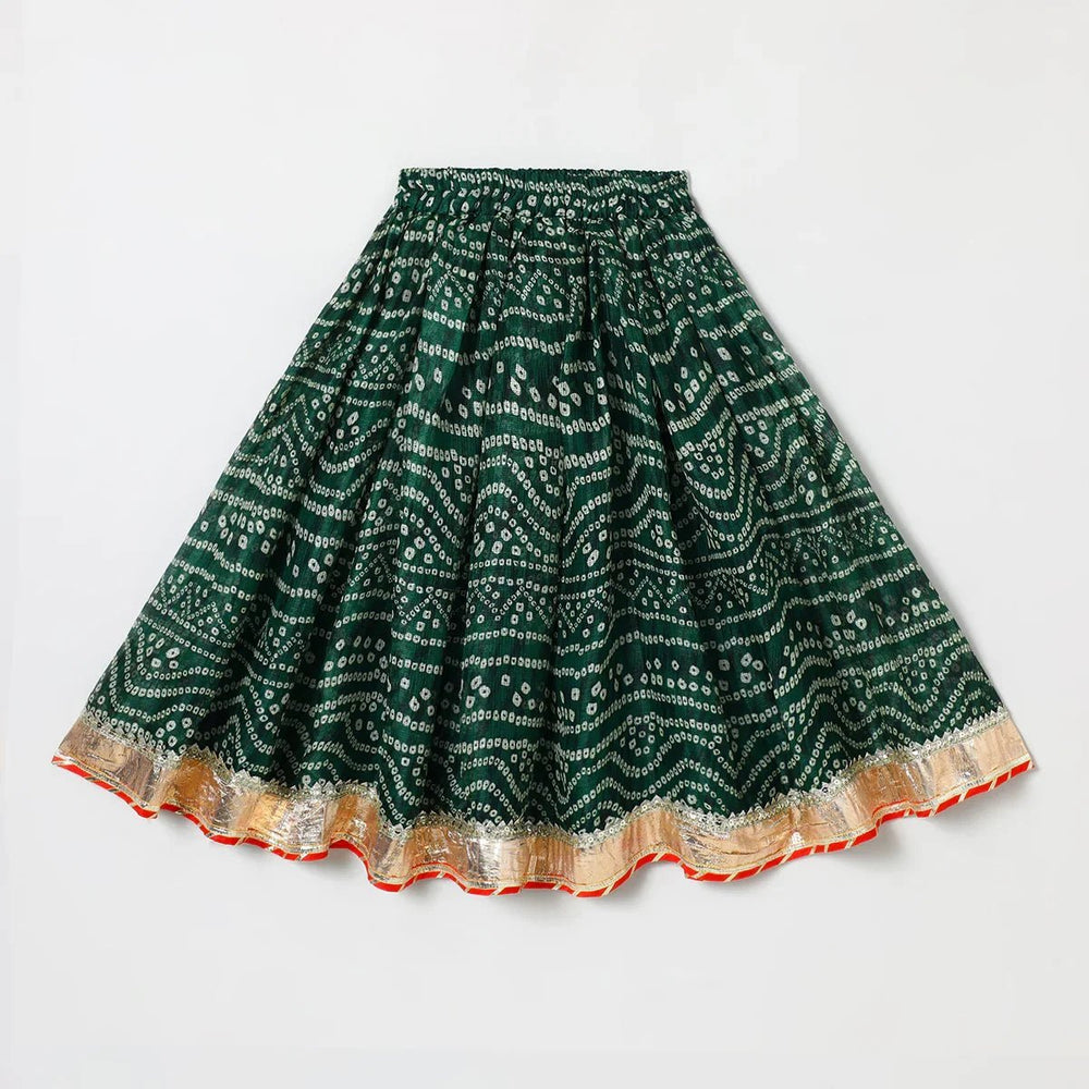 Green Cotton Kota Halter Top & Bandhani Skirt Set for Baby Girls