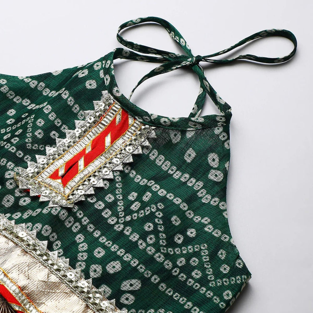 Green Cotton Kota Halter Top & Bandhani Skirt Set for Baby Girls