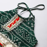 Green Cotton Kota Halter Top & Bandhani Skirt Set for Baby Girls