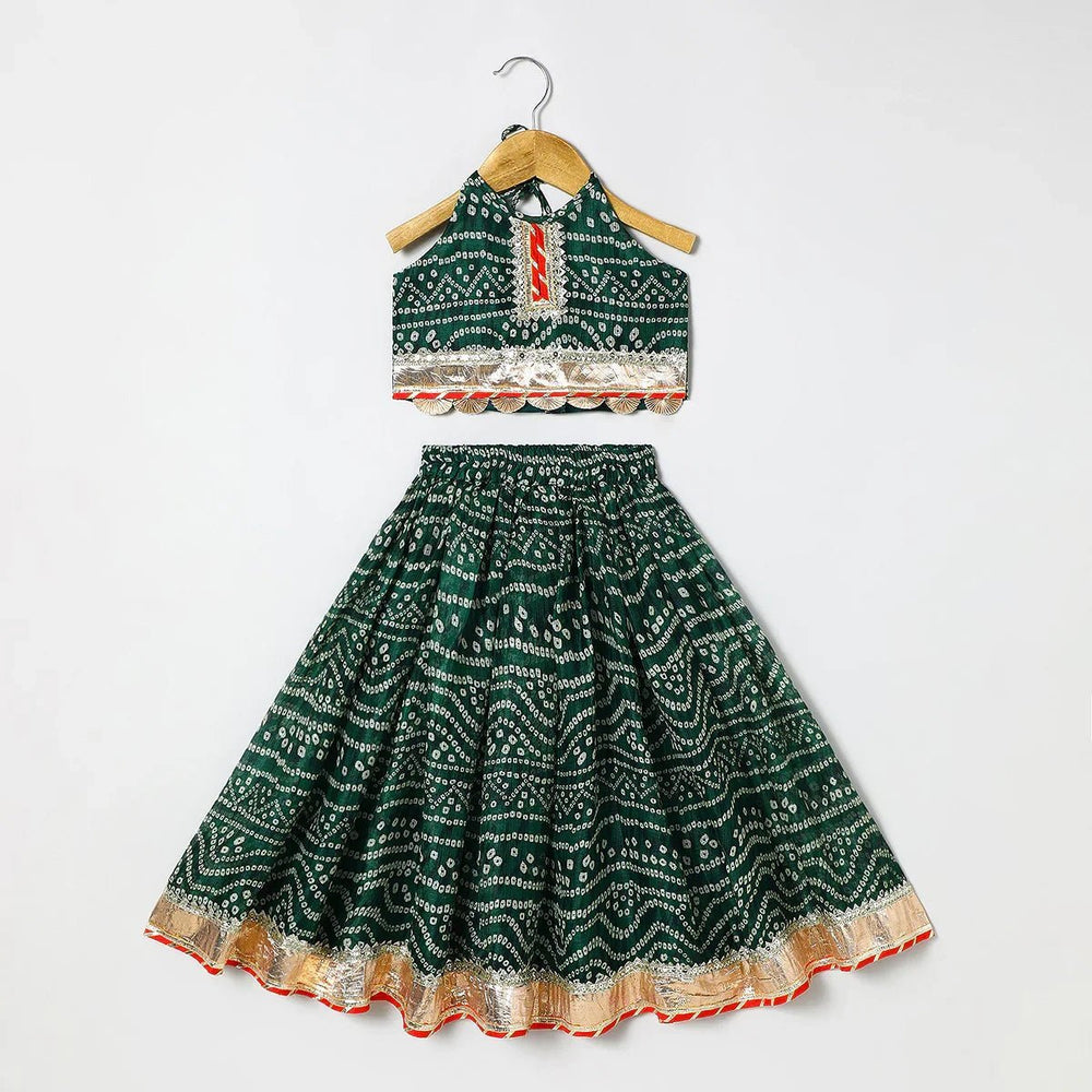Green Cotton Kota Halter Top & Bandhani Skirt Set for Baby Girls
