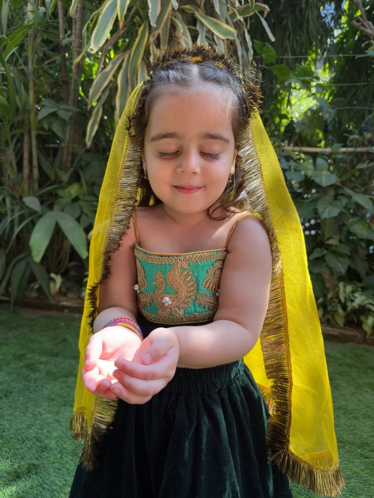 Green Velvet embroidered strap top, skirt set - BYB PREMIUM