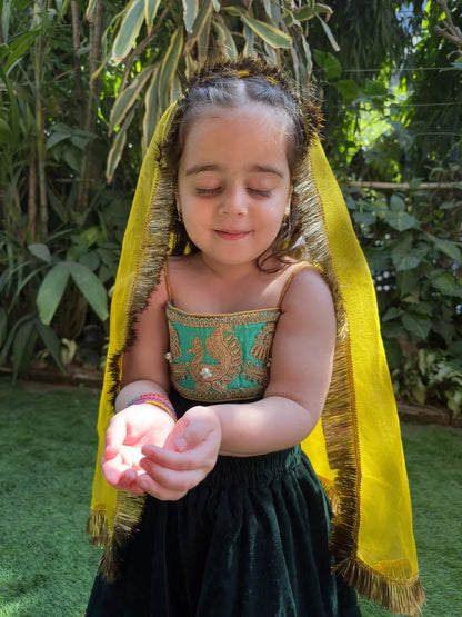 Green Velvet embroidered strap top, skirt set - BYB PREMIUM