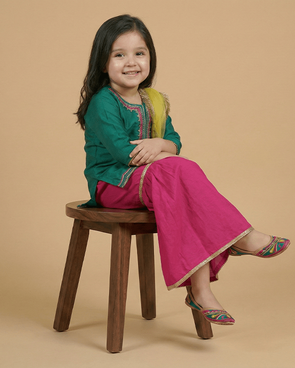 Green & Yellow Satin Silk Kurti Sharara Set for Girls - BYB PREMIUM
