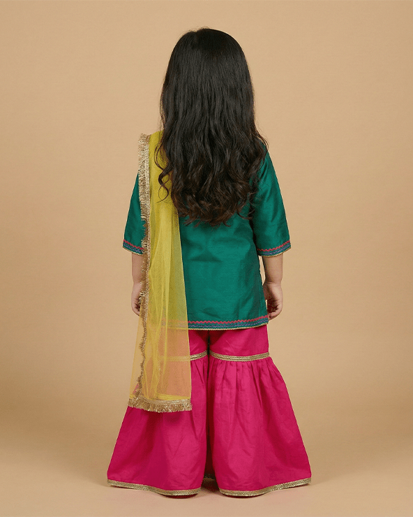 Green & Yellow Satin Silk Kurti Sharara Set for Girls - BYB PREMIUM