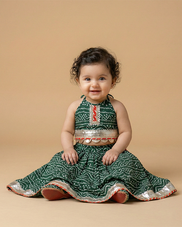 Green cotton kota halter top & bandhani skirt set for baby girls
